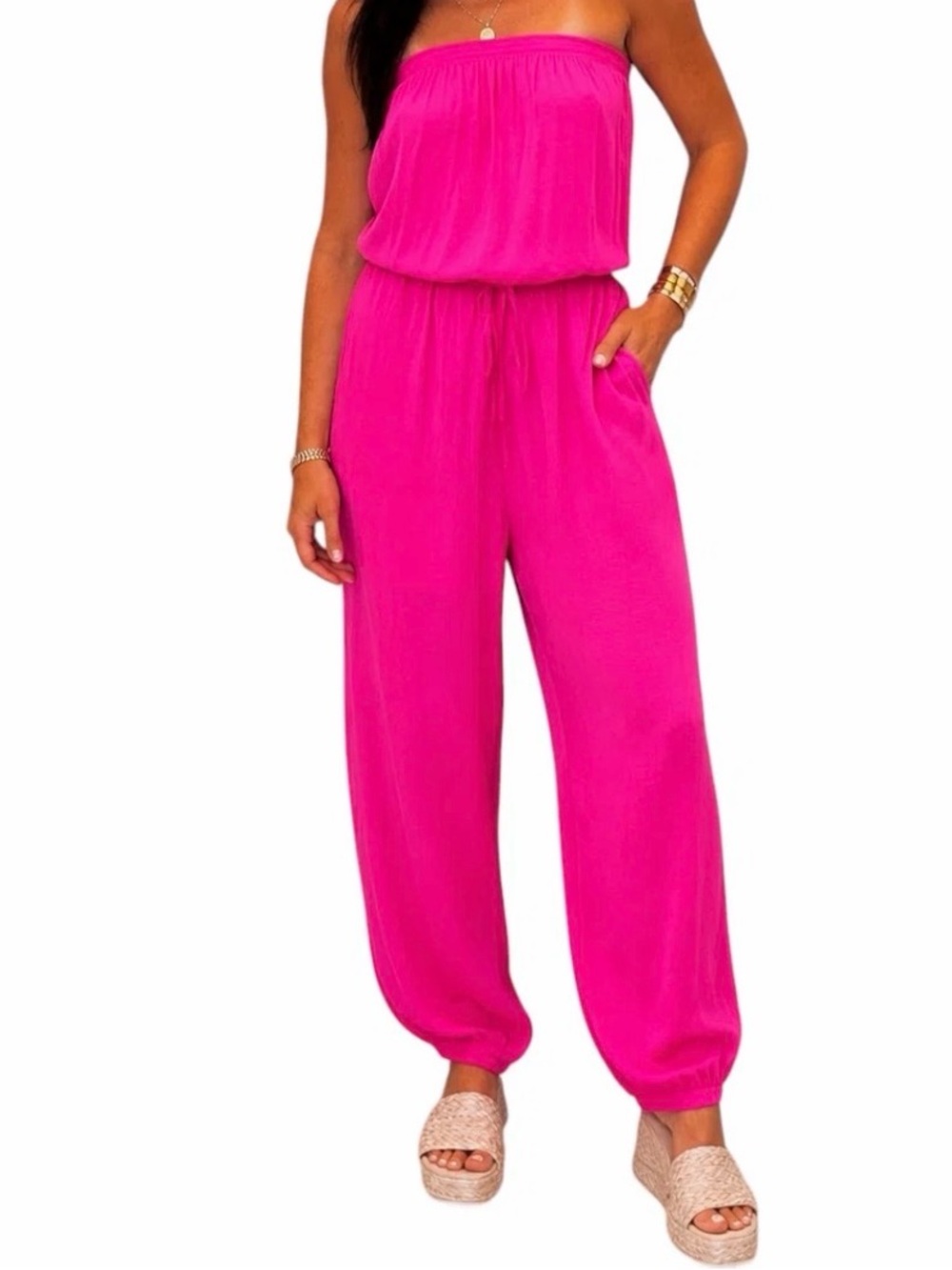 NWT Strapless Drawstring Jumpsuit in Hot Pink sz Small